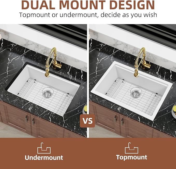 Davivy White Undermount Kitchen Sink 27 Inch, 27 x 18 Dual Mount Granite Composite Workstation Kitchen Sink, Deep Single Bowl with Accessories