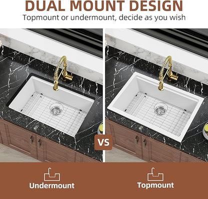 Davivy White Undermount Kitchen Sink 27 Inch, 27 x 18 Dual Mount Granite Composite Workstation Kitchen Sink, Deep Single Bowl with Accessories