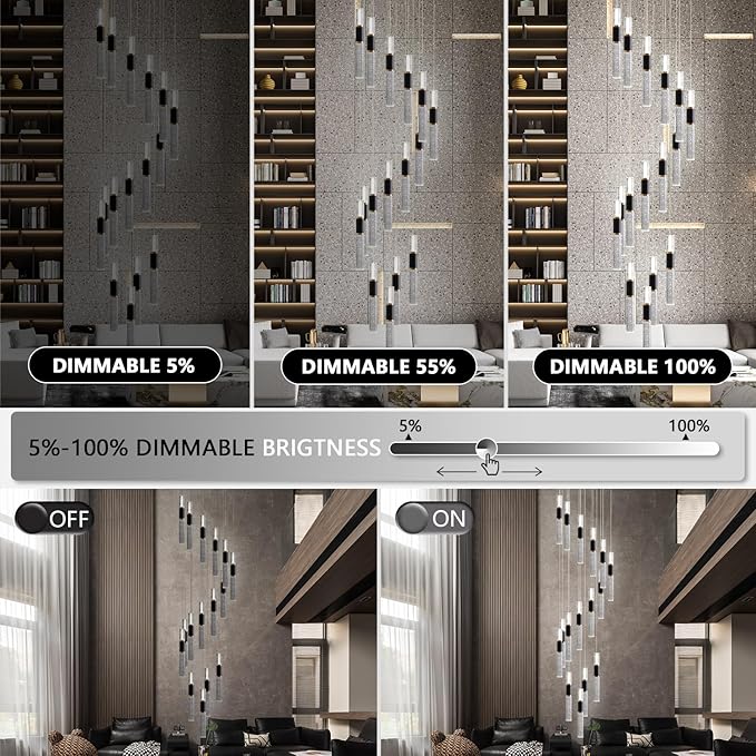 16-Light Led, Black Gold Staircase Chandelier, Modern Led for High Ceilings, Foyer Chandelier Light Fixture for Entrance with Remote 3000-6000K