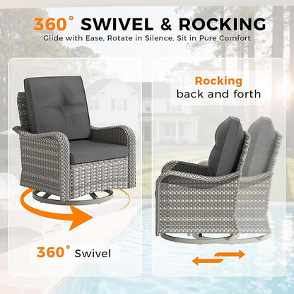8-Seat Outdoor Wicker Patio Furniture Set with Fire Pit Table, Modular Rattan Sectional Sofa & 2 Swivel Rocking Chairs, 4" Thick Cushions, Rust-Resistant Frame,Black