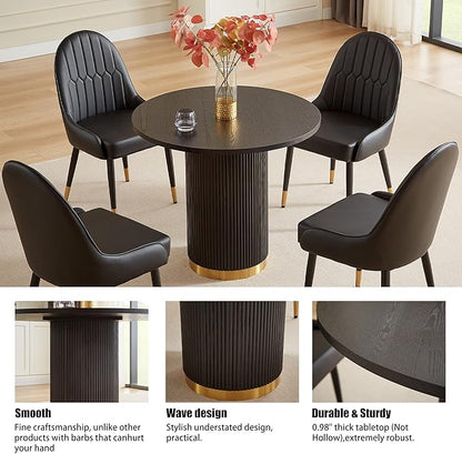 Round Dining Table Set for 4, 35.04" Modern Farmhouse Dining Table and 4 Leather Dining Chair, Small Circle Kitchen Tables with Wood & Gold Stainless Steel Base for Living Room, Kitchen, Black