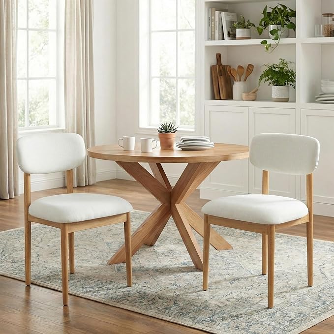 Casaphoria Upholstered Dining Chairs Set of 2, Mid-Century Modern Kitchen Chairs with Solid Wood Legs & Thick Cushion, Ergonomic Fabric Accent Chairs for Dining Room, Vanity & Office, White