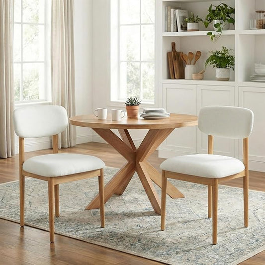 Casaphoria Upholstered Dining Chairs Set of 2, Mid-Century Modern Kitchen Chairs with Solid Wood Legs & Thick Cushion, Ergonomic Fabric Accent Chairs for Dining Room, Vanity & Office, White