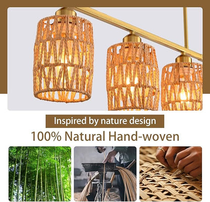 Rattan pendant lights for kitchen island,6-Light Boho Coastal Chandelier Gold,Bohemian Rustic Pendant Light Fixture for Dining Room,Height Adjustable,Farmhouse Woven Hanging Lights Over Table.