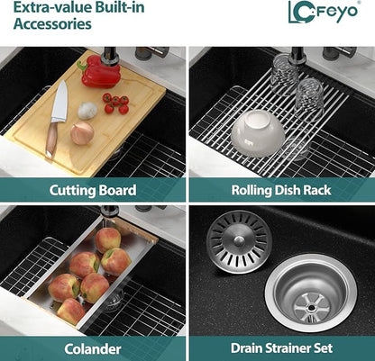 28x19 Inch Undermount Kitchen Sink, Matte Black Granite Composite Ledge Workstation Quartz Sink, Single Bowl Deep Under Counter Sink