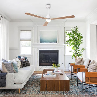 52" White Ceiling Fan with Light and Remote, Modern 3-Blade DC Motor Ceiling Fan, Quiet Reversible Airflow, 6-Speed LED, Use for Bedroom Living Room Kitchen Indoor Use