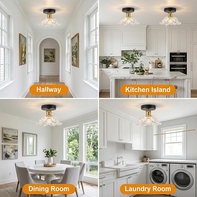 1-Light Vintage Semi Flush Mount Ceiling Light, Black and Gold Glass Shade Close to Ceiling Light Fixture, E26 Base Retro Lighting for Hallway Entryway Kitchen Bedroom