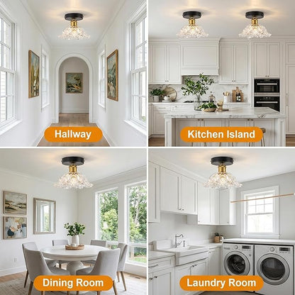 1-Light Vintage Semi Flush Mount Ceiling Light, Black and Gold Glass Shade Close to Ceiling Light Fixture, E26 Base Retro Lighting for Hallway Entryway Kitchen Bedroom