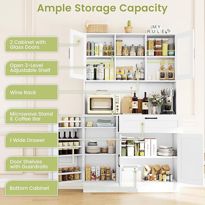 WAYTRIM Pantry Cabinet, White Kitchen Storage Cabinet with 4 Doors and Shelves, Kitchen Hutch Coffee Bar Cabinet with Drawers & Adjustable Shelves, Microwave Stand for Kitchen Dining Room Furniture