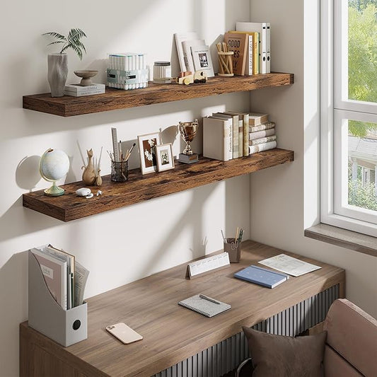 Fun Memories 55 Inch Fireplace Mantel Shelf, 10 Inch Deep Shelves for Display & Wall Storage, Rustic Wood Wall Shelf, Extra Long Floating Shelves for Living Room Laundry Room, Rustic Brown, Set of 1