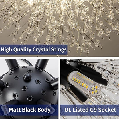 CM MZY Black Semi Flush Mount Ceiling Light Fixture, Modern Crystal Sputnik Firework Ceiling Lights, 6-Light Close to Ceiling Lighting Fixtures for Bedroom Kitchen Hallway Entryway Closet(Matt Black)