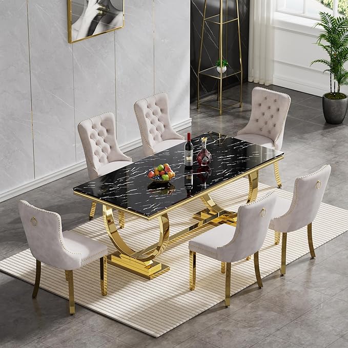 Black Marble Dining Table for 6, Modern Gold Kitchen & Dining Room Table for 6 with Mirrored Stainless Steel Frame, Luxurious Faux Marble Rectangular Dining Table for Dining Room Kitchen