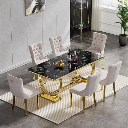Black Marble Dining Table for 6, Modern Gold Kitchen & Dining Room Table for 6 with Mirrored Stainless Steel Frame, Luxurious Faux Marble Rectangular Dining Table for Dining Room Kitchen