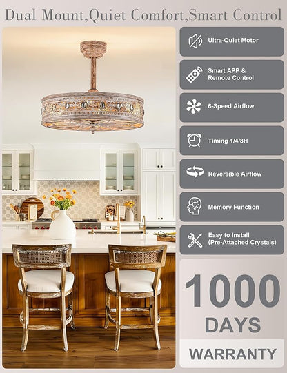 Rustic Chandelier Ceiling Fan with Light,Farmhouse Distressed Wood-Look Caged Bladeless Fandelier,Enclosed Cozy Cottage Crystal Light Fixture,Hanging/Flush Mount for Bedroom,Kitchen,Dining Room,Foyer