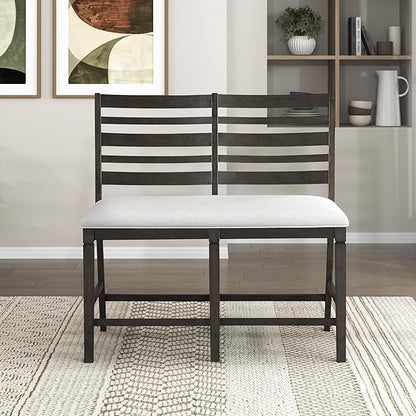 Lexicon 43" W Counter Height Dining Bench with Padded Seat, Ladder Back Wood Frame, Beige Textured Fabric Upholstered Dining Seat for Kitchen/Living Room, Easy Assembly, Dark Espresso