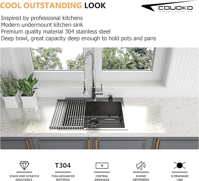 28x22 Drop In Kitchen Sink Black 16 Gauge Stainless Steel Single Bowl Drop Kitchen Sinks Nano PVD Gunmetal Black Handmade Large Deep Topmount Sinks, 28x22x9 Inch