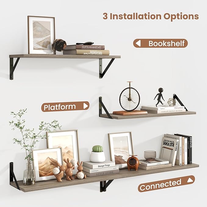 Axeman 24 Inch Floating Shelves | 8 Inch Deep Grey Wall Shelves Set of 2 | 24''W x 8''D Rustic Grey Wood Shelves for Bathroom Kitchen Living Room Bookshelf Home Office