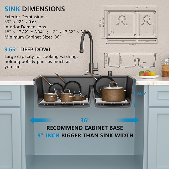 33 Granite Composite Kitchen Sink Double Bowl - Fulorni 33"x22" Matte black Granite Kitchen Sink Ledge Workstation Drop in Topmount Double Bowl 60/40 Quartz Classic Above Counter Basin