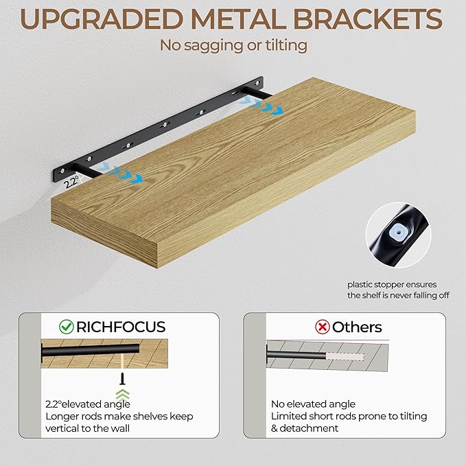 RICHFOCUS Deep Floating Shelves for Wall 2 Pack 12" D 36 Inch Wall Shelves for Room Wall|Wood Hanging Shelf with Invisible Brackets for Bathroom Bedroom Kitchen Laundry Room, Oak