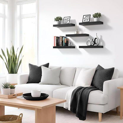 Sorbus Floating Shelves for Wall – 16 Inch Floating Shelf for Kitchen, Bedroom, Living Room, Bathroom, Home & Wall Decor - Mounted Bathroom Shelves with Invisible Brackets (Black, 5 Pack)