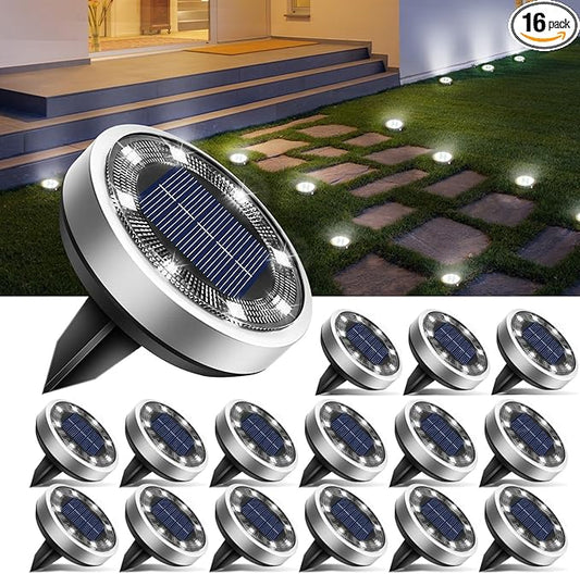 btfarm 16 Pack Solar Lights Outdoor, 8 LED Solar Ground Lights IP65 Waterproof Flat Solar Disc Light, Pathway Lights for Garden Lawn Patio Yard Path Landscape, Cool White