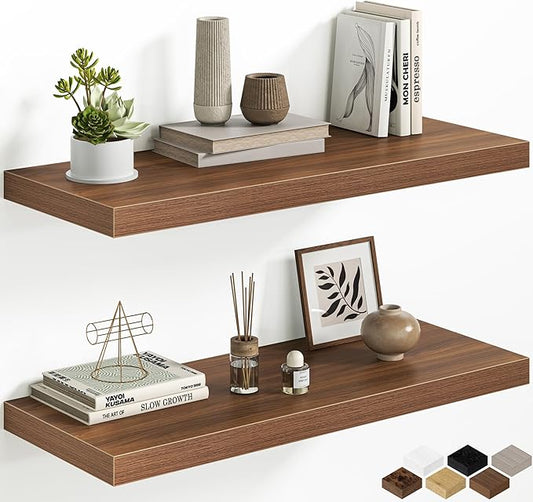 Fun Memories Floating Shelves - 2 Pack 30 Inch Long Rustic Wooden Wall Shelves - 12 Inch Deep Wall Mounted Storage Shelf with Invisible Heavy-Duty Brackets for Books, Bathroom, Kitchen, Walnut