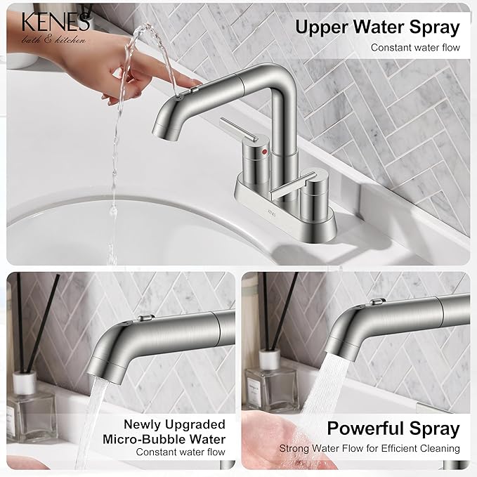 KENES Pull Down Bathroom Faucet with Sprayer, Brushed Nickel 4 Inch 2 Handle Centerset Bathroom Faucets 3 Hole with Pull Out Sprayer, Vanity Faucet with Pop Up Drain & Supply Lines LJ-9059A