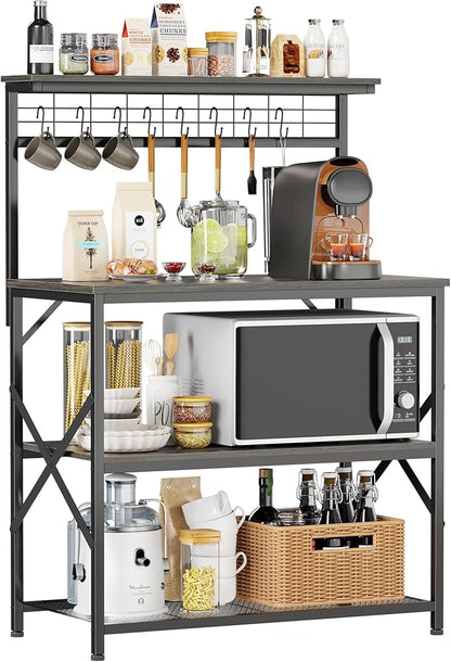 Furologee Kitchen Bakers Rack with Hutch,Coffee Stand with Storage 4 Tiers,Coffee Bar Station with a 31.5 Inch Larger Desktop and 8 S Hooks,Kitchen Microwave Rack for Spices,Pots,Rustic Brown