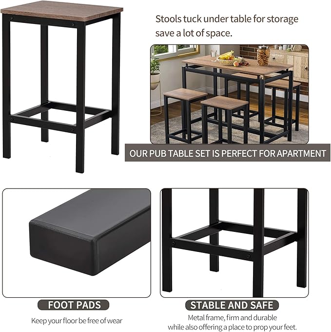Solid Wood 4-Piece Kitchen Dining Table Set, Counter Height Bar Table Set with 3 Stools and Storage Shelves, Perfect for Home, Kitchen, Living Room (Dark Brown-1)