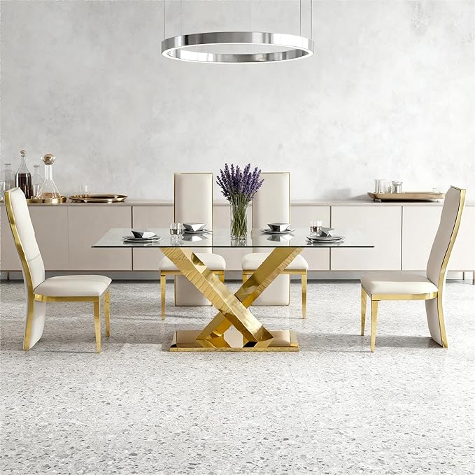 Modern 70" Gold Glass Dining Table for 6-8,Luxury Rectangular Kitchen Table with Clear Glass Desktop and Golden Mirrored Stainless Steel Legs,Large Kitchen Table for Dining Room Office(Only Table)