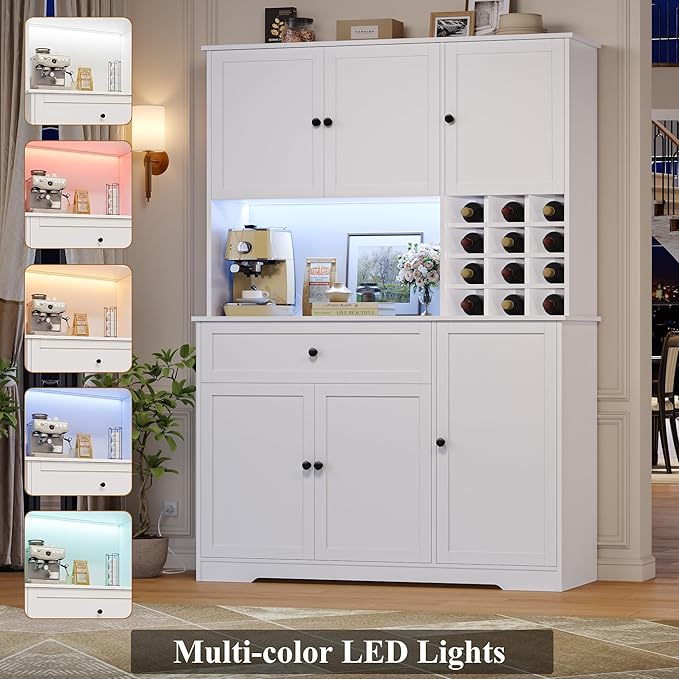 FINETONES Pantry Cabinet with 7-Color LED Light and Charging Station, 71" Tall Kitchen Pantry Cabinet with Microwave Stand, Modern Kitchen Hutch with Storage Drawer for Dining Room, White