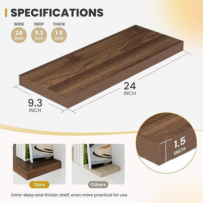 Acovy 24 Inch Floating Shelves, 9.3" Deep Floating Shelf Wall Mounted, 24" Wall Shelves, Rustic Deep Bookshelf, Large Display Shelves & Storage Shelves for Bedroom, Living Room, Walnut, Set of 2