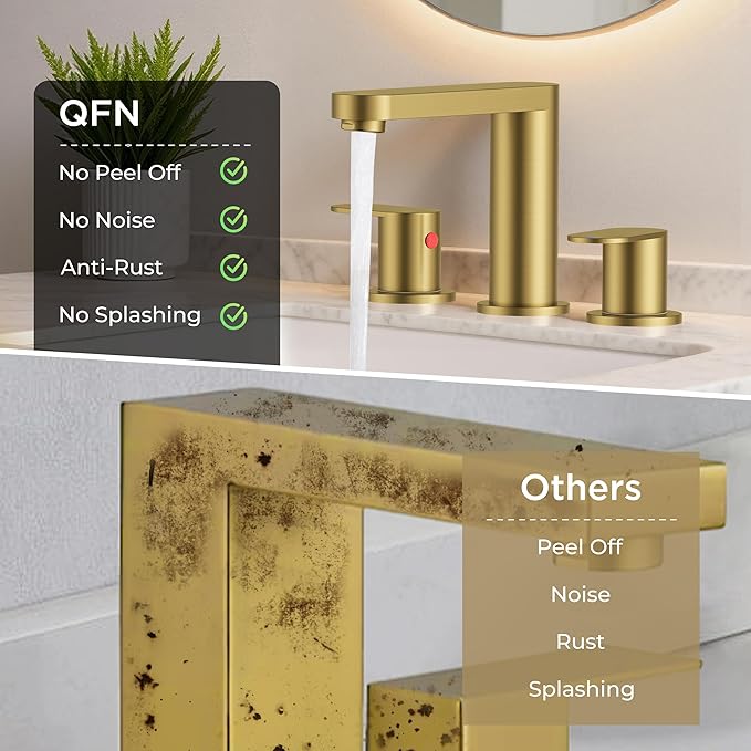 QFN Brushed Gold Bathroom Faucets 3 Hole, 8 inch Widespread Bathroom Faucet with Pop Up Drain and 24" cUPC Supply Hoses, Lead-Free Two Handles Suitable for 6-12 Inch RV, Restroom, Vanity Sink