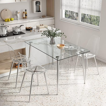Glass Dining Table for 4 with 51 inch Clear Rectangular Glass Top, 0.31" Modern Tempered Glass Kitchen Table Furniture with 4 Silver Plating Metal Legs for Home Dining Room