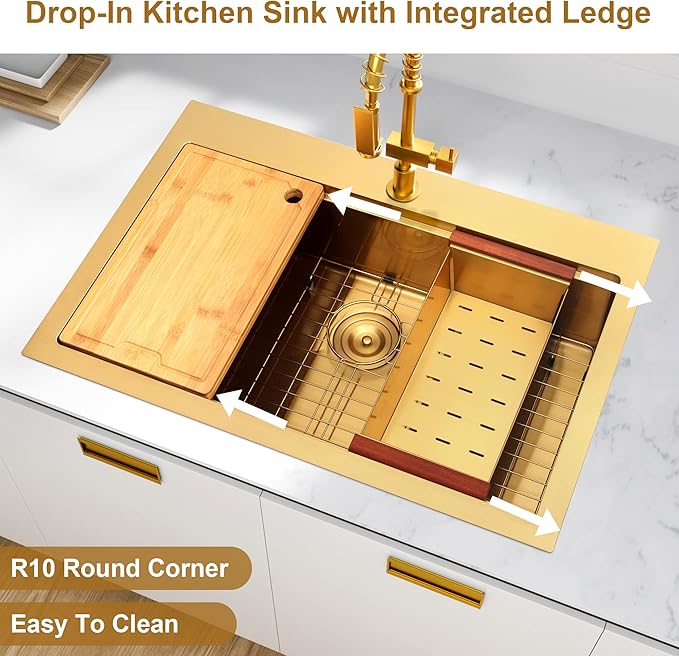 Gold Kitchen Sink, 33" x 22" Drop In Kitchen Sink,16 Gauge Stainless Steel All In One Workstation Sink with Ledge & Accessories, 33" x 22" x 10" Large and Deep Top Mount Kitchen Sinks