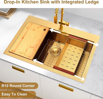 Gold Kitchen Sink, 33" x 22" Drop In Kitchen Sink,16 Gauge Stainless Steel All In One Workstation Sink with Ledge & Accessories, 33" x 22" x 10" Large and Deep Top Mount Kitchen Sinks