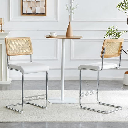 Counter Height Dining Set with Rattan Back Stools,Bar Table with 2 Drawers,Upholstered Kitchen Island Chairs,Chrome Cantilever Frame,Modern Furniture for Dining Room (No Table,2 White Chairs)