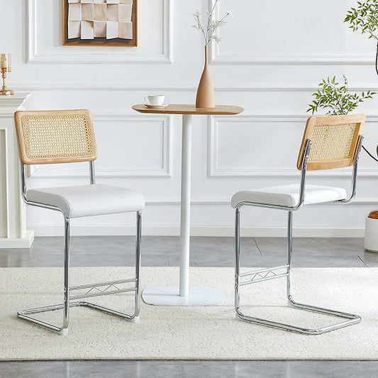 Counter Height Dining Set with Rattan Back Stools,Bar Table with 2 Drawers,Upholstered Kitchen Island Chairs,Chrome Cantilever Frame,Modern Furniture for Dining Room (No Table,2 White Chairs)