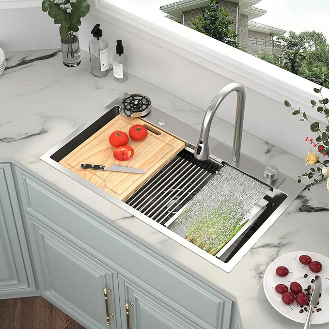 Kichae 33x19 Drop In Kitchen Sink Waterfall - Workstation Kitchen Sink Waterfall Stainless Steel 16 Gauge Luxury Handmade Single Bowl Sinks with Faucet Combo & Glass Rinser