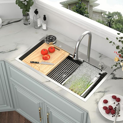 Kichae 33x19 Drop In Kitchen Sink Waterfall - Workstation Kitchen Sink Waterfall Stainless Steel 16 Gauge Luxury Handmade Single Bowl Sinks with Faucet Combo & Glass Rinser