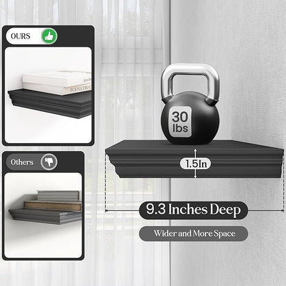Fun Memories Floating Shelves 24 Inch Long, 9.3 Inch Deep Classic Crown Molding Floating Shelves for Wall, Rustic Wooden Shelves for Wall Decor Bathroom, Kitchen, Office, (Black, 2Pack)