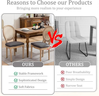 Linen Wooden Dining Chair Set of 6, Upholstered Farmhouse Dining Chair with Solid Wood Frame, Kitchen & Dining Room Chairs for Living Room, Restaurant, Bedroom (Gray-Rattan, Set of 6)