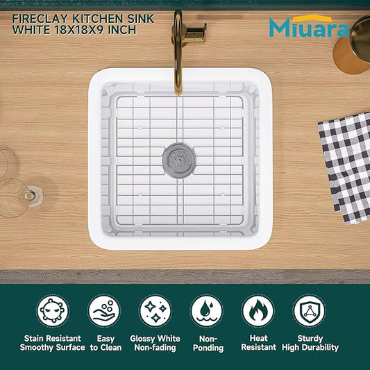 Miuara White Undermount Bar Sink 18 Inch - Small Topmount Kitchen Sink Drop In 18”x18”x9”, Dual Mount Single Bowl, Heavy Duty Solid Fireclay, w 2 Accessories, for Kitchen, Laundry, Powder, Outdoor