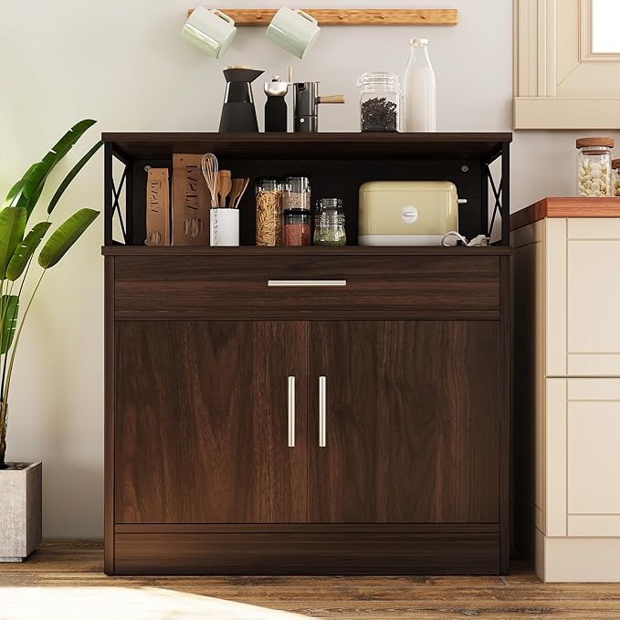 Vongrasig Coffee Bar Cabinet, Farmhouse Kitchen Storage Cabinet with Adjustable Shelf, 31“ Modern Sideboard Buffet Table for Kitchen, Dining Room, Rustic Brown