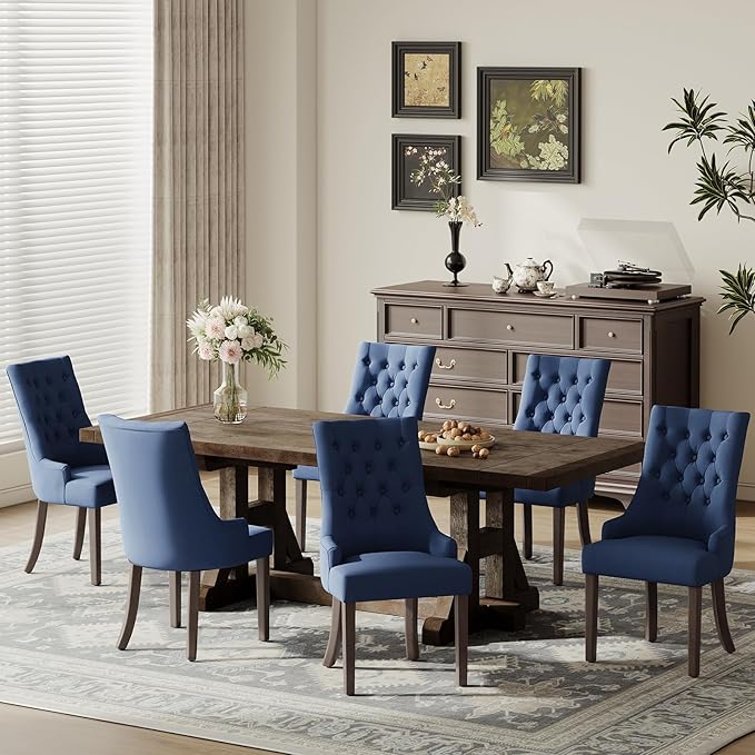 COLAMY Wingback Upholstered Side Dining Room Chairs Set of 2, Fabric Dining Chairs with Tufted Button, Living Room Chairs for Home Kitchen, Blue