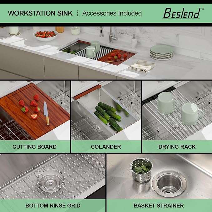 Undermount Kitchen Sink 33 Inch Single Bowl - Beslend Heavy-Duty 16 Gauge Stainless Steel Workstation, 10 Inch Deep Ledge Basin with Customized Accessories for Home Kitchen/Renovation
