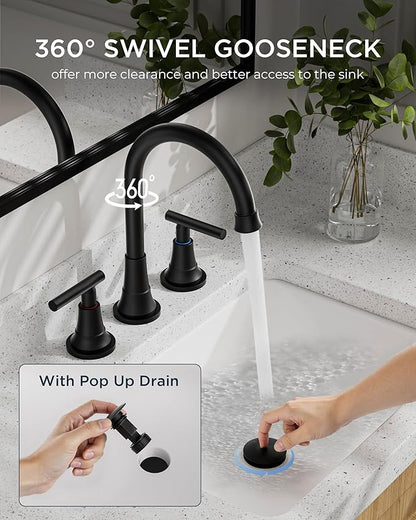 FORIOUS Black Bathroom Faucet 3 Hole Vanity, 2 Handle 360° Swivel Matte Black 8 Inch Widespread Bathroom Sink Faucet 3 Holes, with 360 Degree Rotating Spout, Pop-up Drain, Supply Lines