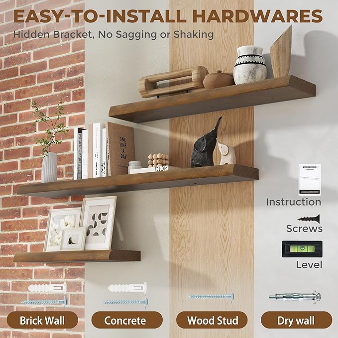 RICHFOCUS Live Edge Wood Floating Shelves 55" Natural Solid Wood Wall Mounted Shelf|Extra Long Floating Shelves for Wall with Invisible Bracket for Bathroom Kitchen Room|1Pcs, Walnut