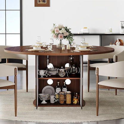 IBF Round Dining Table with Storage for 4 to 6, 47" Circle Kitchen Table with Fridge Space, Wood Dining Room Tables with Adjustable Shelf, Circular Dinner Tables for Home Kitchen, Walnut (Only Table)