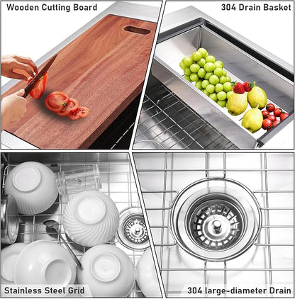 33x22" Drop-in Kitchen Sink Workstation 3D Embossed Surface- 18-Gauge 9" Depth Stainless Steel Single Bowl Top Mount with Accessories